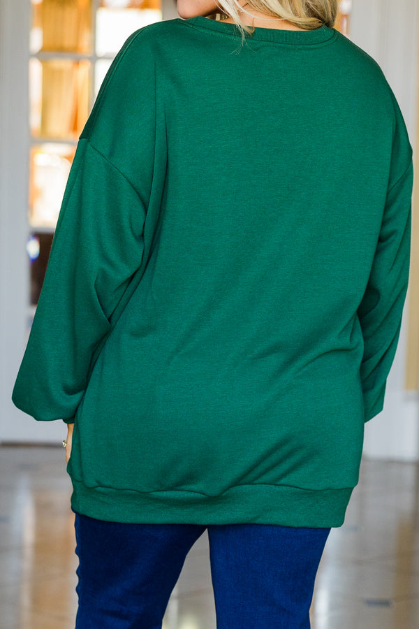 Chic Soul plus size clothing, green long sleeve pullover with red plaid ribbon and bow present wrapped graphic detail with cuffed bubble sleeves and round neckline