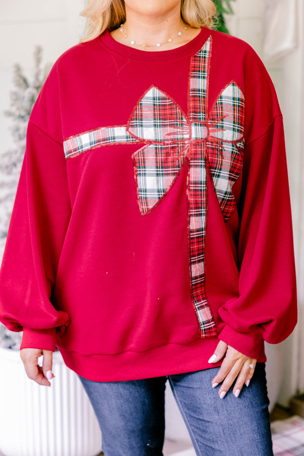 Chic Soul plus size clothing, red crewneck pullover with gingham gift bow print on it