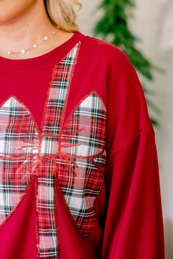 Chic Soul plus size clothing, red crewneck pullover with gingham gift bow print on it