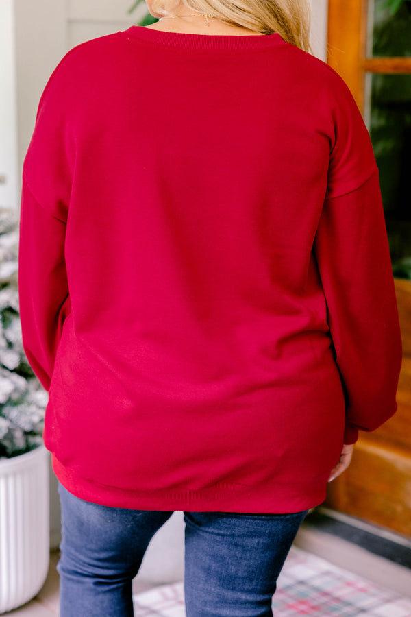 Chic Soul plus size clothing, red crewneck pullover with gingham gift bow print on it