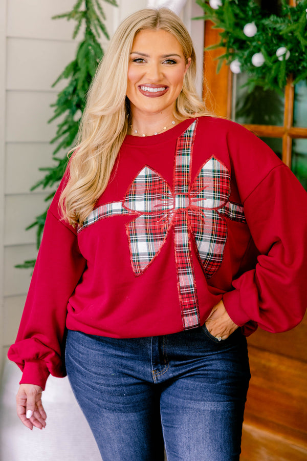 Chic Soul plus size clothing, red crewneck pullover with gingham gift bow print on it