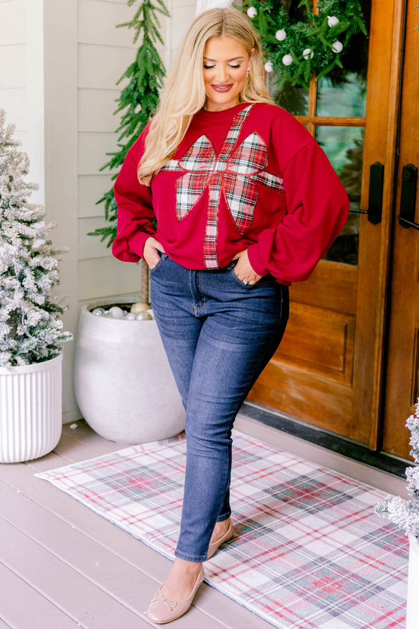 Chic Soul plus size clothing, red crewneck pullover with gingham gift bow print on it