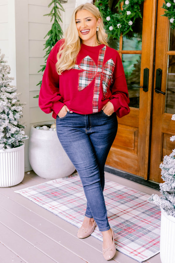 Chic Soul plus size clothing, red crewneck pullover with gingham gift bow print on it