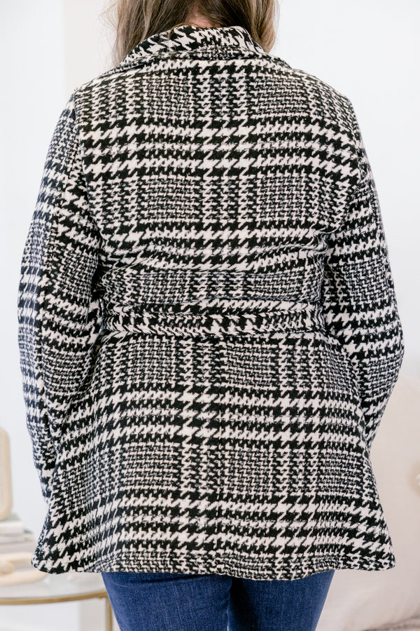 Chic Soul plus size clothing, black houndstooth wrap asymmetrical jacket with a tie belt at the waist 