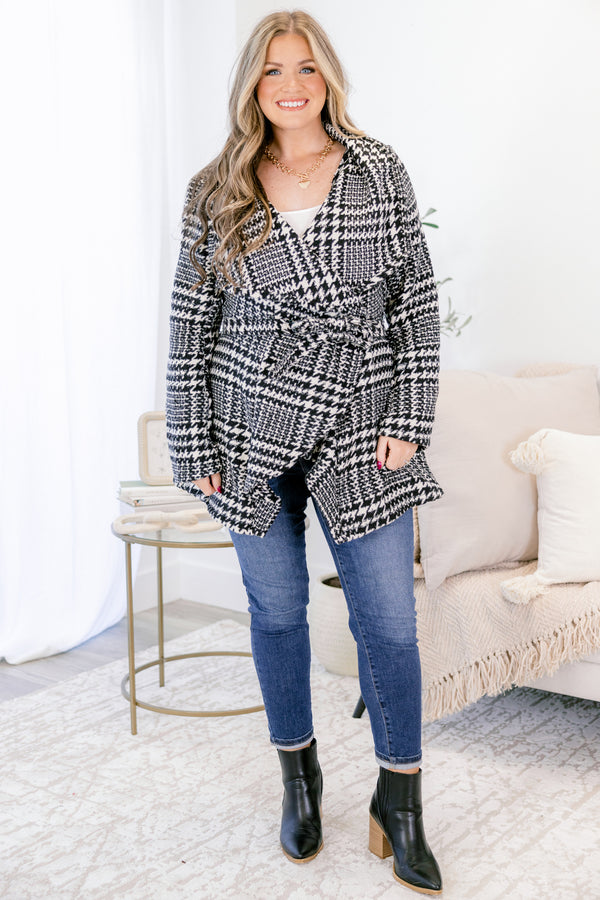 Chic Soul plus size clothing, black houndstooth wrap asymmetrical jacket with a tie belt at the waist 