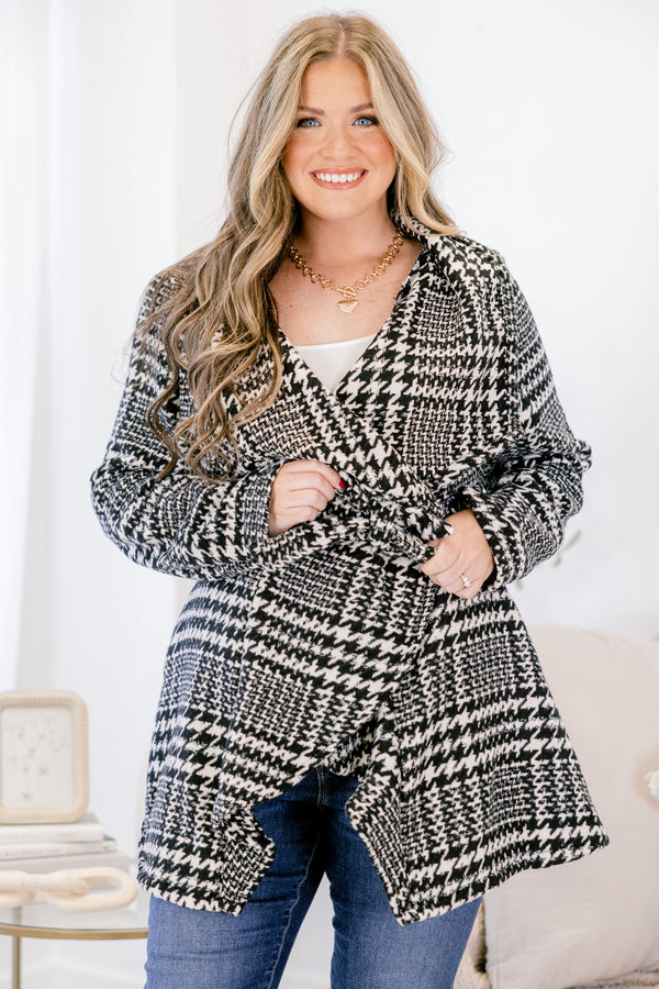 Chic Soul plus size clothing, black houndstooth wrap asymmetrical jacket with a tie belt at the waist 