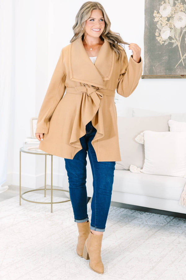 Plus size clothing, camel colored jacket with tie waist