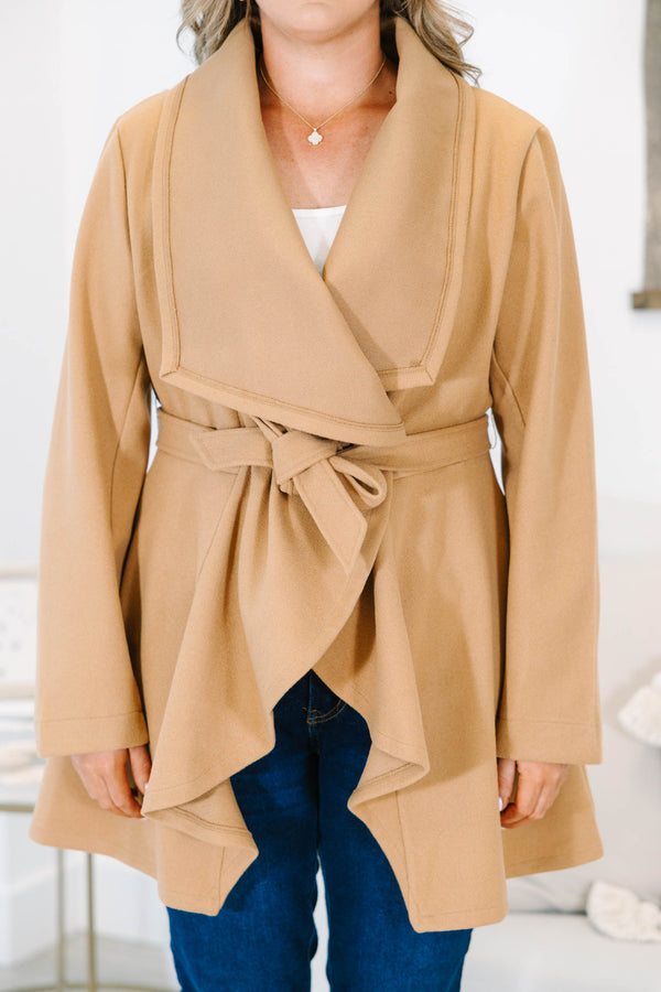 Plus size clothing, camel colored jacket with tie waist