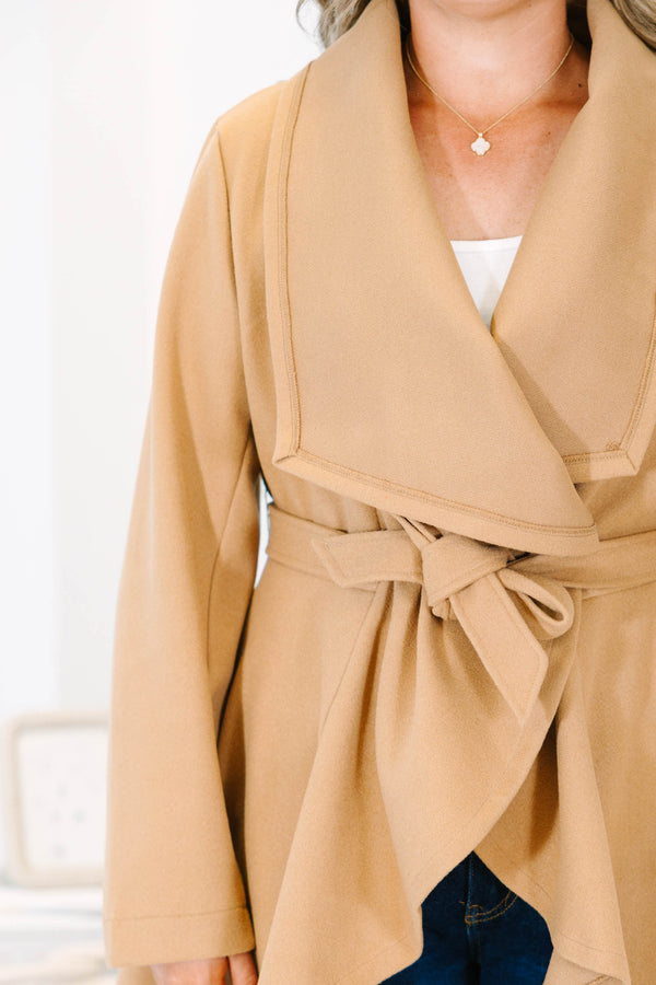 Plus size clothing, camel colored jacket with tie waist