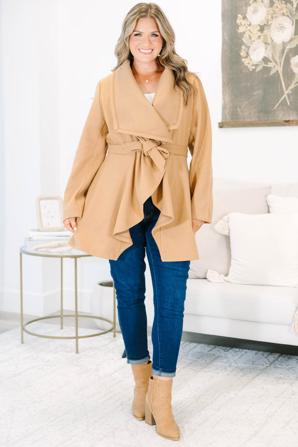 Plus size clothing, camel colored jacket with tie waist