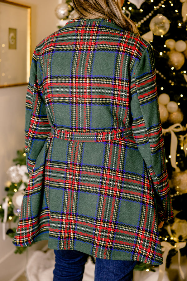 Chic Soul plus size clothing, green tartan plaid wrap style jacket with tie belt