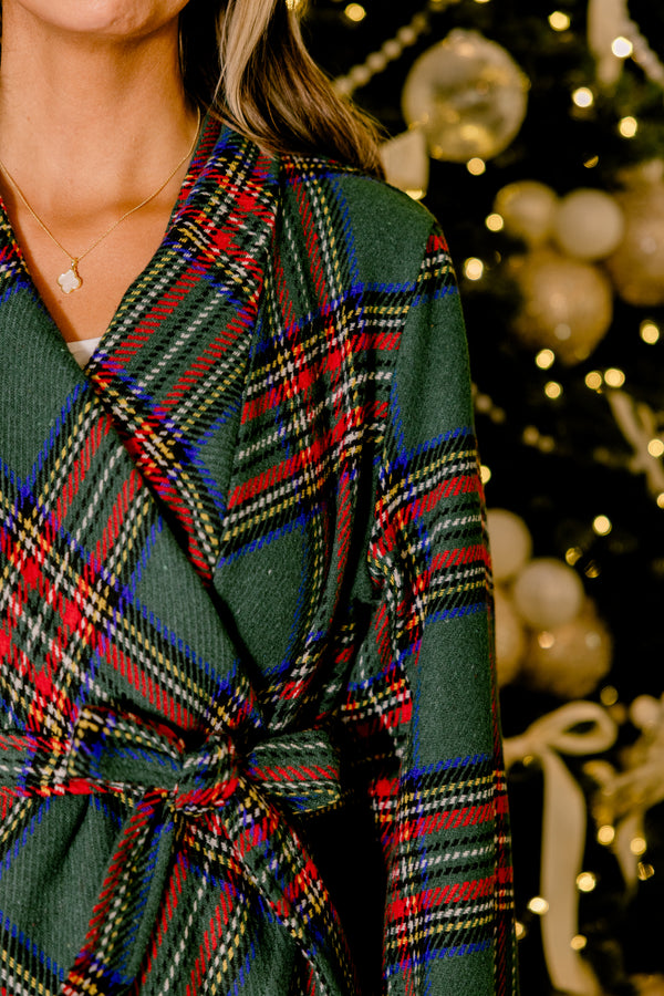 Chic Soul plus size clothing, green tartan plaid wrap style jacket with tie belt