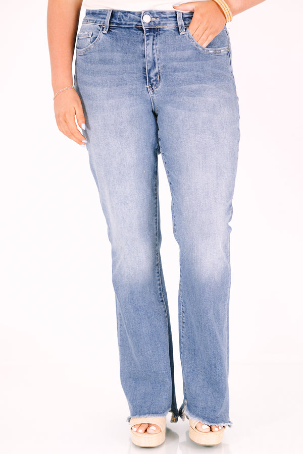 Chic Soul plus size clothing, light wash high rise slant hem flare jeans