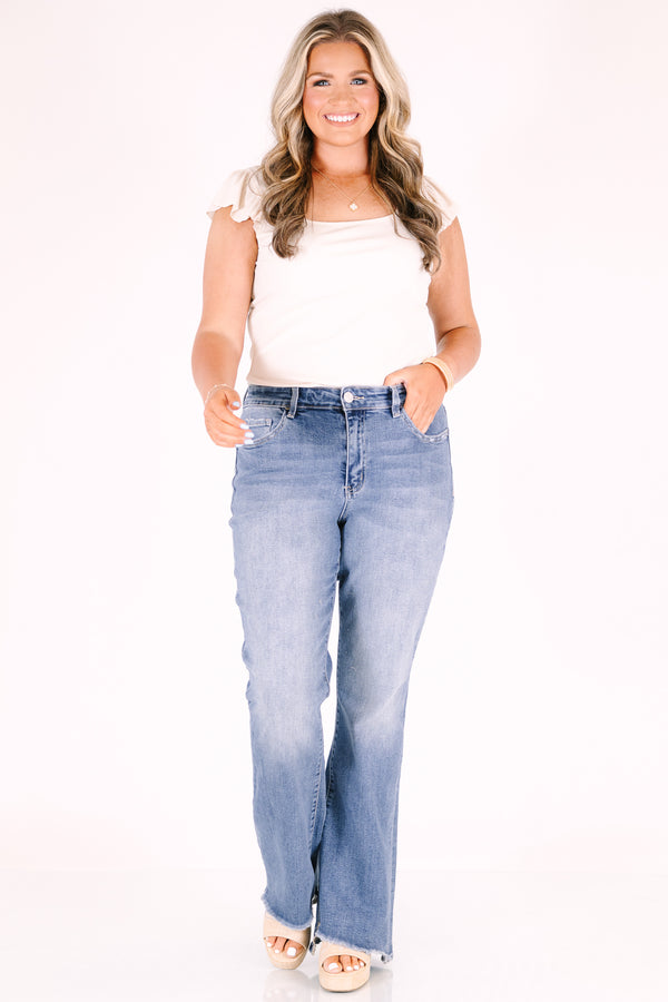 Chic Soul plus size clothing, light wash high rise slant hem flare jeans