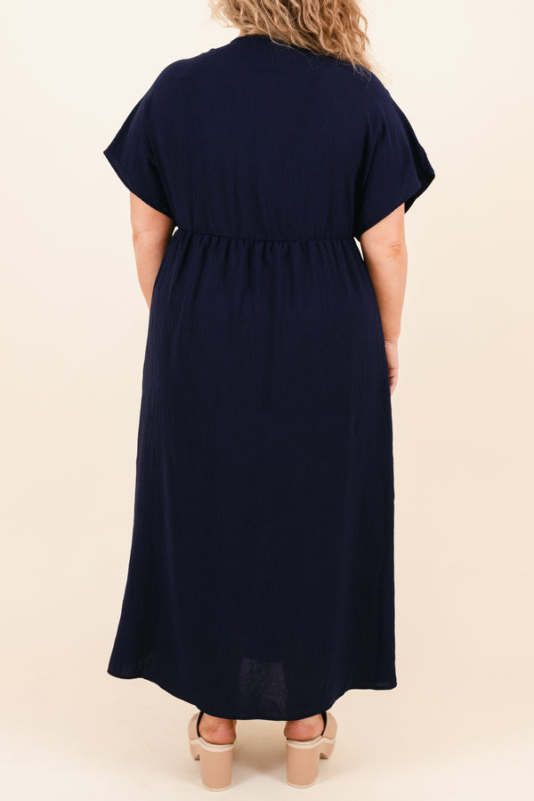 Chic Soul plus size clothing, navy maxi dress with criss cross neckline and side slit