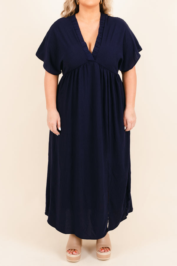 Chic Soul plus size clothing, navy maxi dress with criss cross neckline and side slit