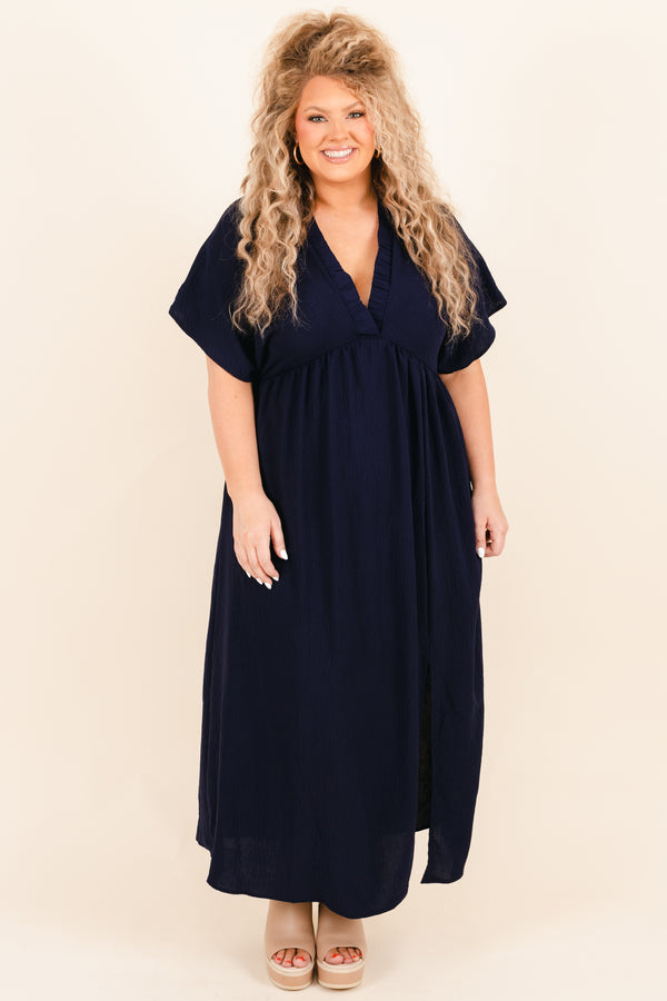 Chic Soul plus size clothing, navy maxi dress with criss cross neckline and side slit