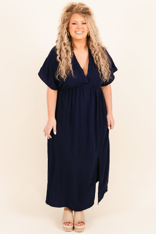 Chic Soul plus size clothing, navy maxi dress with criss cross neckline and side slit