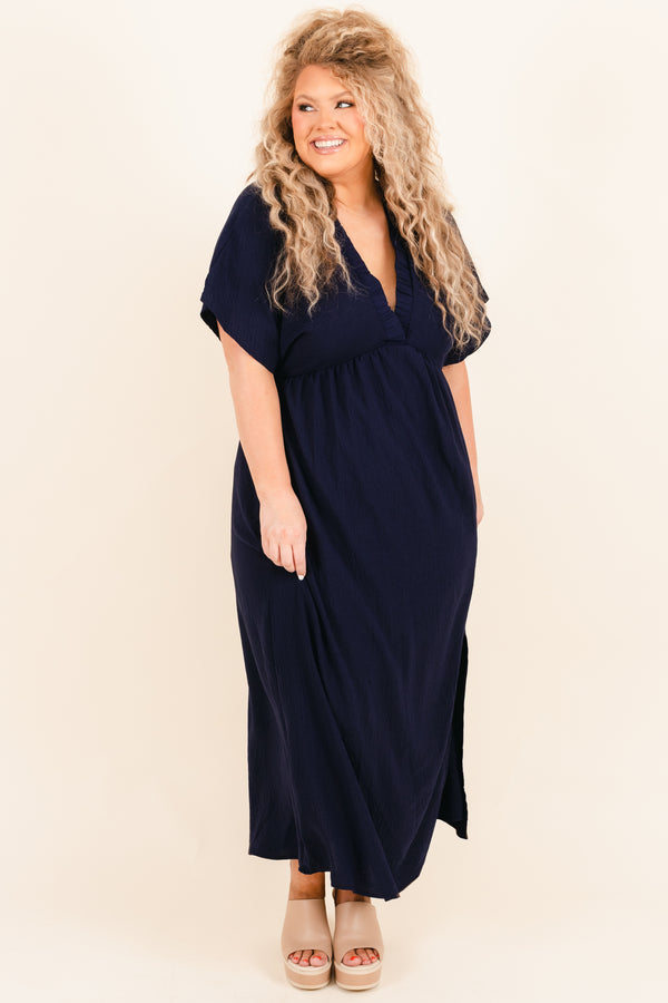 Chic Soul plus size clothing, navy maxi dress with criss cross neckline and side slit