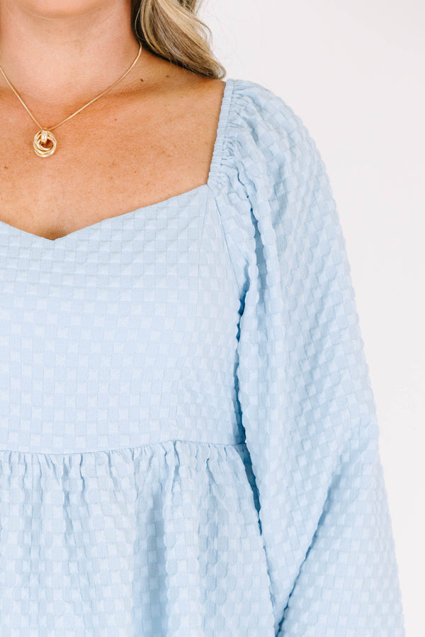Chic Soul plus size clothing, blue long sleeve textured print top with square neckline with cuff sleeves and ruffle along bottom