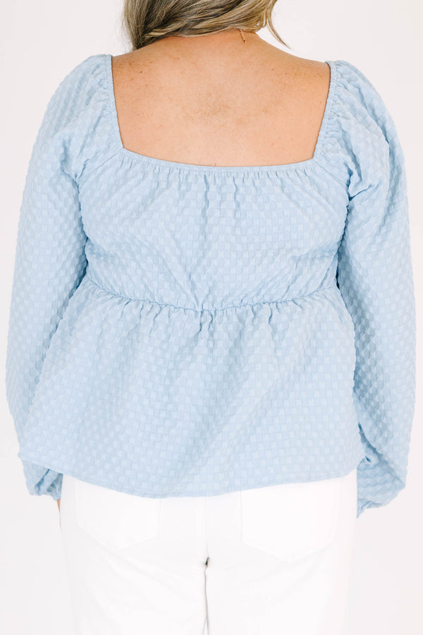 Chic Soul plus size clothing, blue long sleeve textured print top with square neckline with cuff sleeves and ruffle along bottom