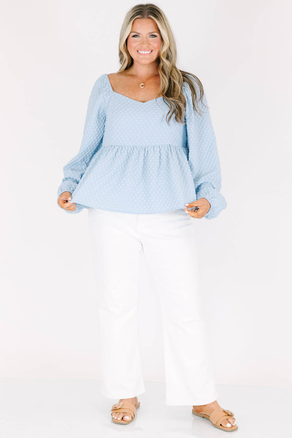 Chic Soul plus size clothing, blue long sleeve textured print top with square neckline with cuff sleeves and ruffle along bottom
