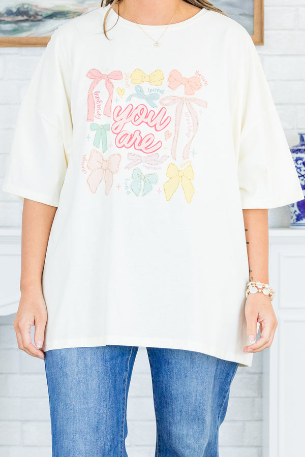 Chic Soul plus size clothing, ivory boyfriend tee with multicolor bow graphic and 