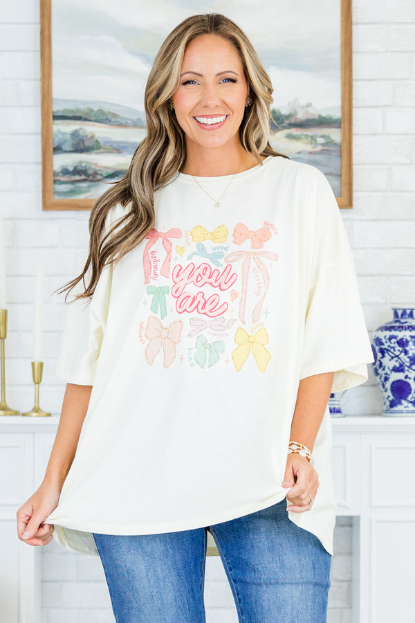 Chic Soul plus size clothing, ivory boyfriend tee with multicolor bow graphic and 