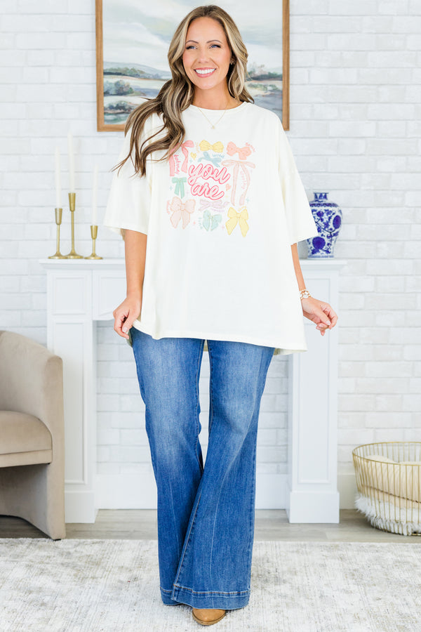 Chic Soul plus size clothing, ivory boyfriend tee with multicolor bow graphic and 