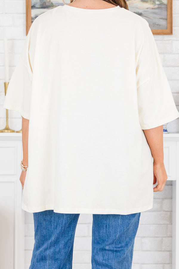 Chic Soul plus size clothing, ivory boyfriend tee with multicolor bow graphic and 