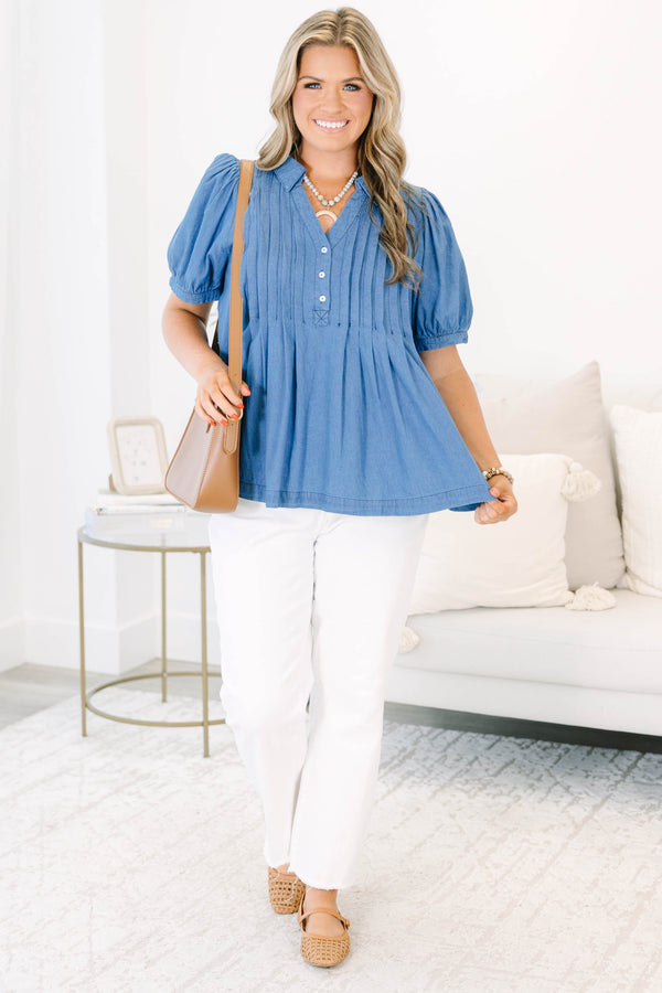 Plus Size denim top with short puff sleeves, a collared neckline, and pleated front details.