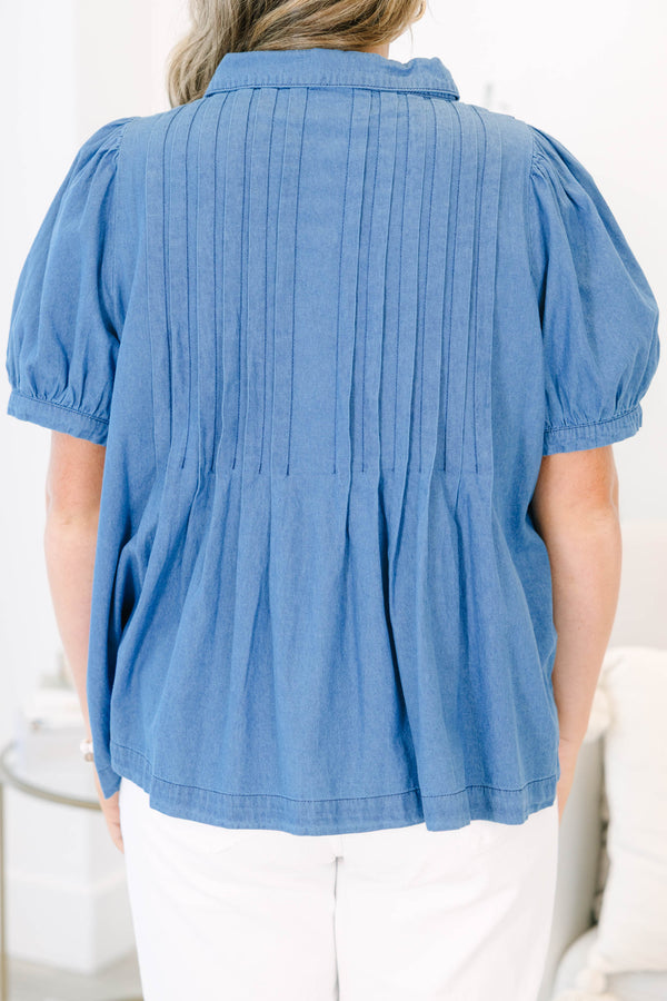 Plus Size denim top with short puff sleeves, a collared neckline, and pleated front details.