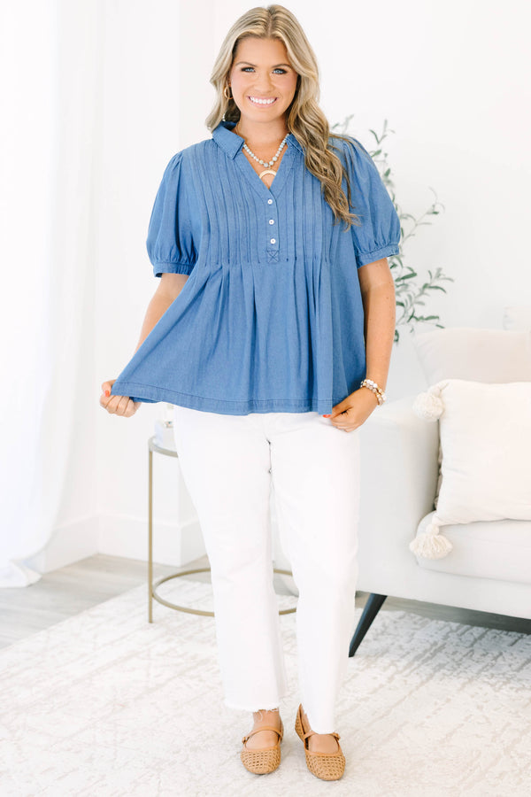 Plus Size denim top with short puff sleeves, a collared neckline, and pleated front details.