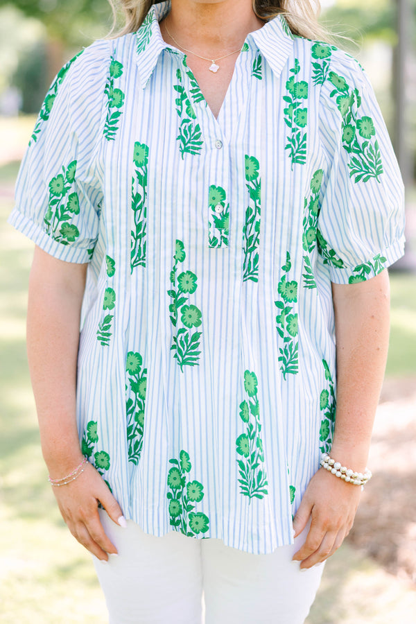 Plus Size green floral print top with blue stripes, a collar, and short puff sleeves.