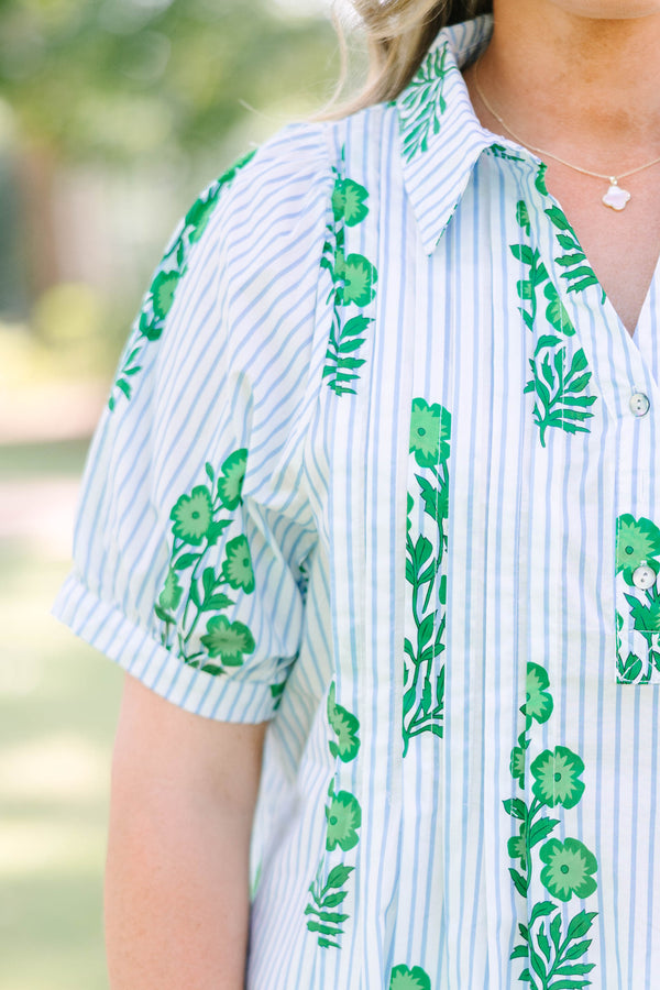 Plus Size green floral print top with blue stripes, a collar, and short puff sleeves.