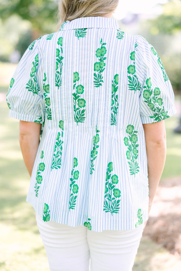 Plus Size green floral print top with blue stripes, a collar, and short puff sleeves.