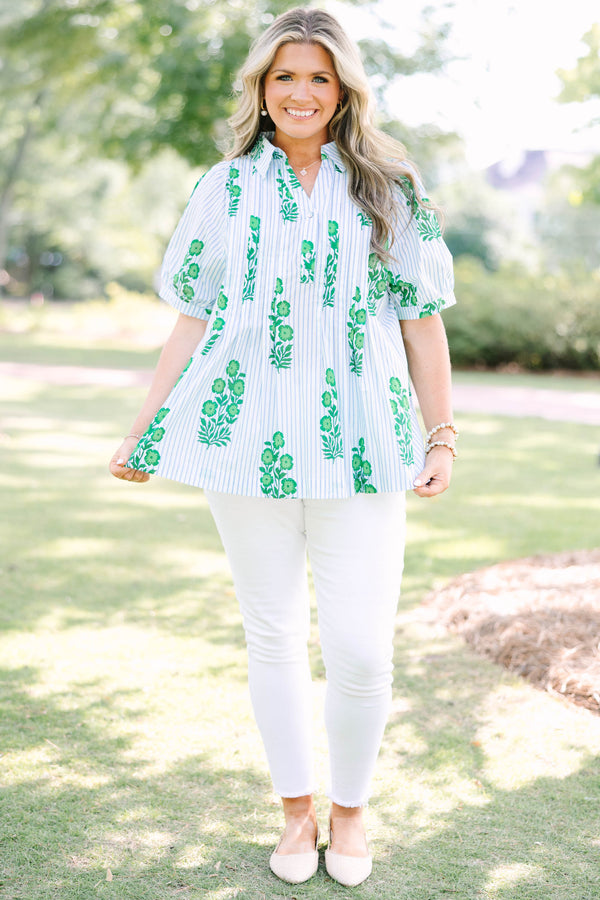 Plus Size green floral print top with blue stripes, a collar, and short puff sleeves.
