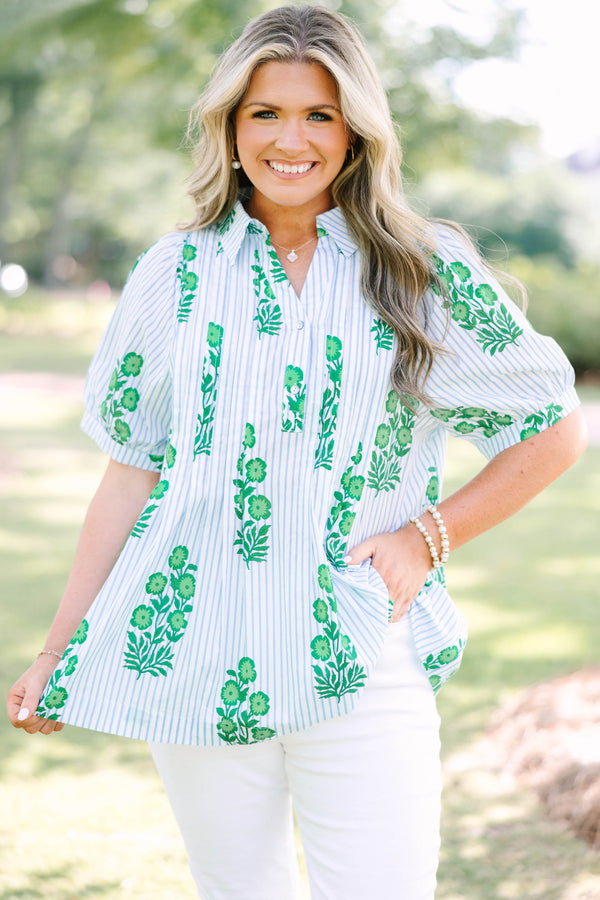 Plus Size green floral print top with blue stripes, a collar, and short puff sleeves.