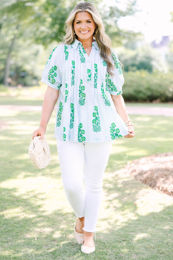 Plus Size green floral print top with blue stripes, a collar, and short puff sleeves.