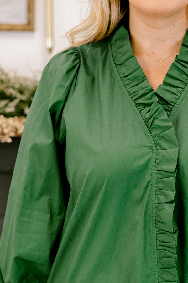 Chic Soul plus size clothing, green long sleeve top with cinched sleeves and frill button down and neckline detailing