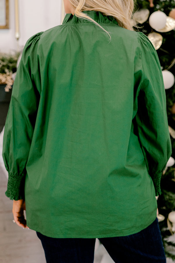 Chic Soul plus size clothing, green long sleeve top with cinched sleeves and frill button down and neckline detailing