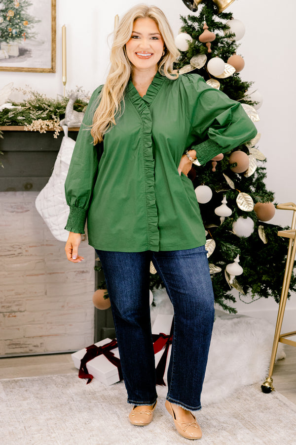 Chic Soul plus size clothing, green long sleeve top with cinched sleeves and frill button down and neckline detailing