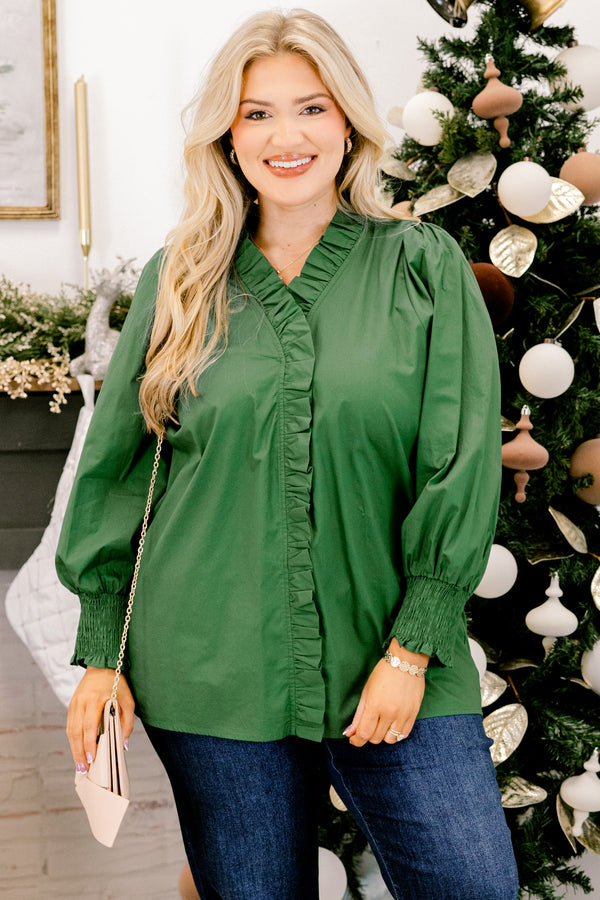 Chic Soul plus size clothing, green long sleeve top with cinched sleeves and frill button down and neckline detailing