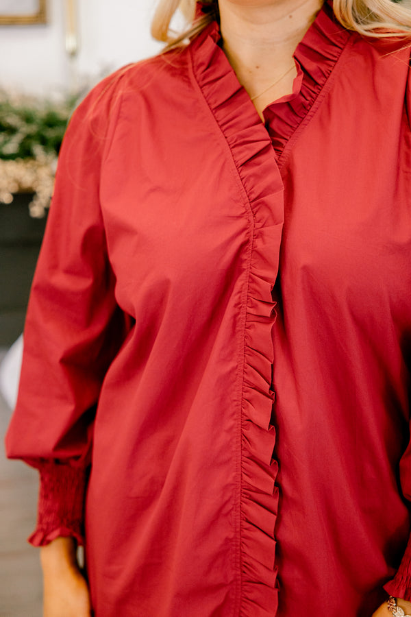 Chic Soul plus size clothing, red long sleeve v neck top with ruffles on the sleeves, collar, and down the middle