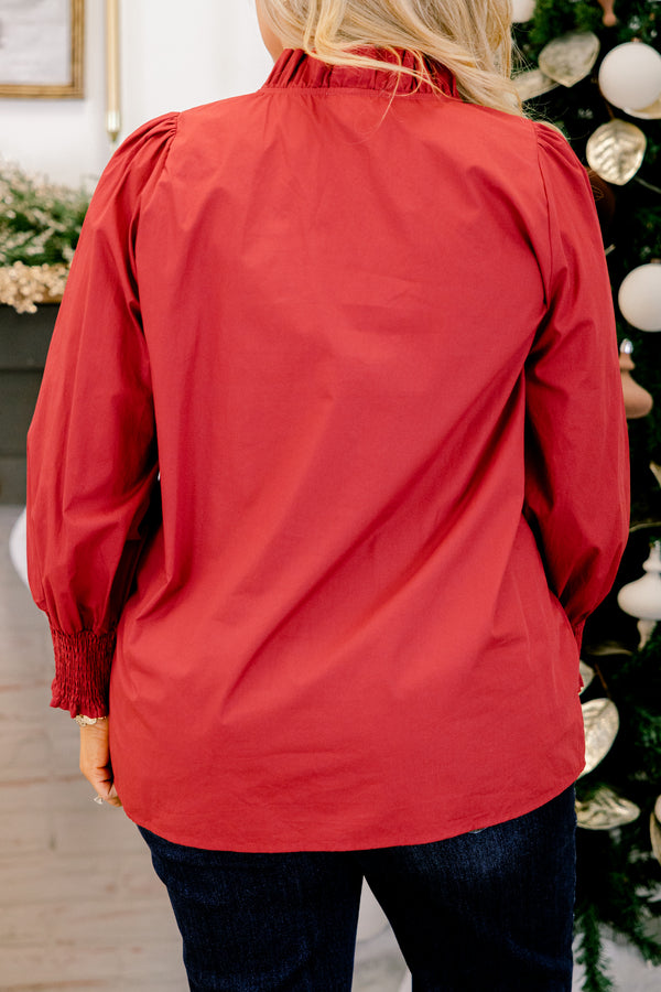 Chic Soul plus size clothing, red long sleeve v neck top with ruffles on the sleeves, collar, and down the middle
