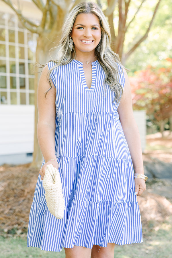 Chic Soul plus size clothing, blue stripe sleeveless babydoll dress with v-neck
