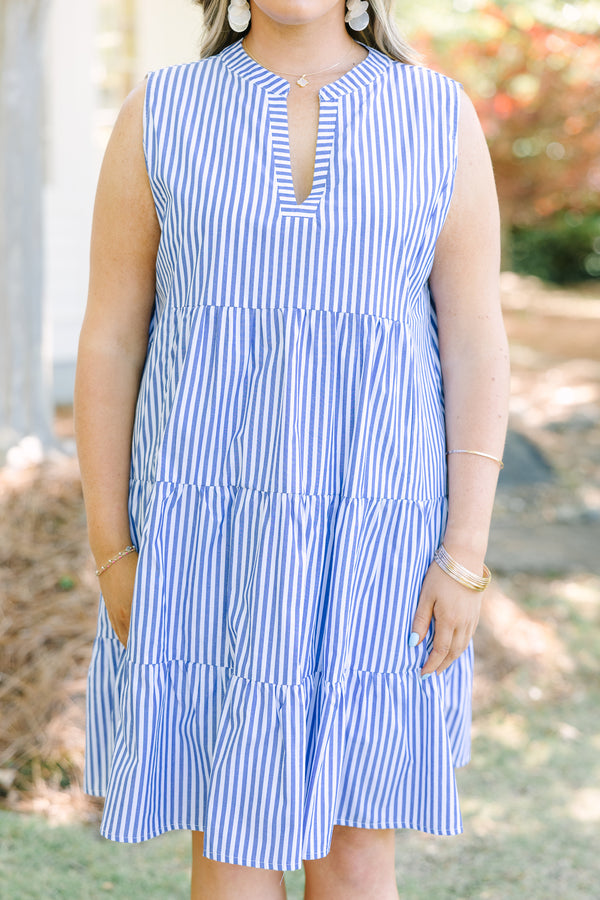Chic Soul plus size clothing, blue stripe sleeveless babydoll dress with v-neck