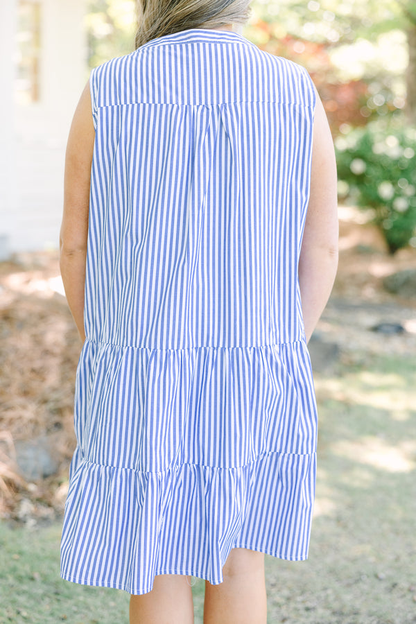 Chic Soul plus size clothing, blue stripe sleeveless babydoll dress with v-neck