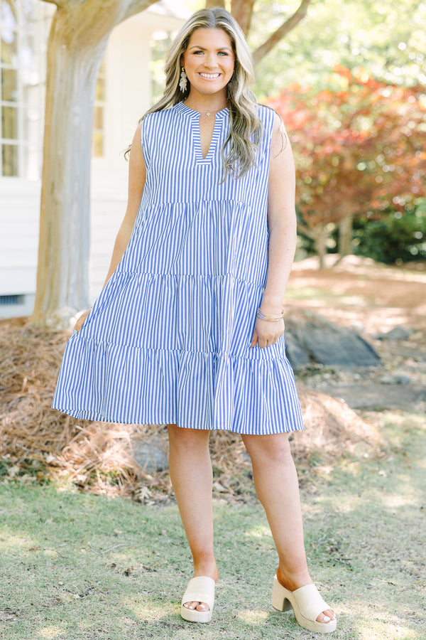 Chic Soul plus size clothing, blue stripe sleeveless babydoll dress with v-neck