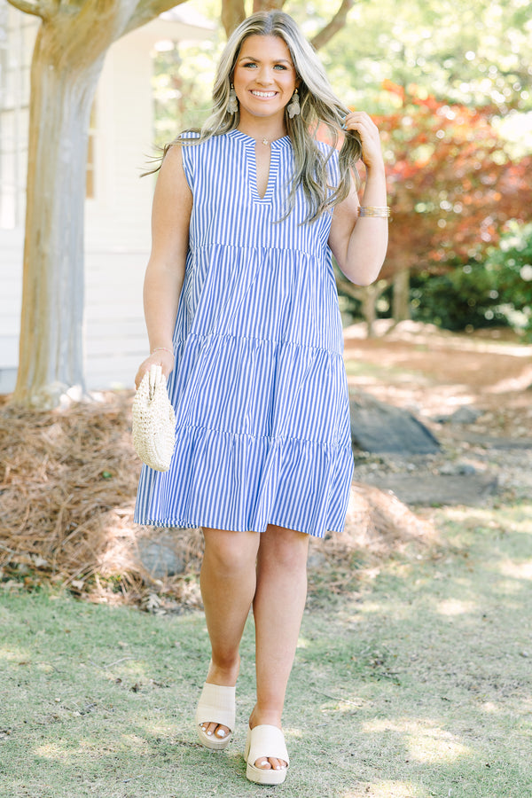 Chic Soul plus size clothing, blue stripe sleeveless babydoll dress with v-neck